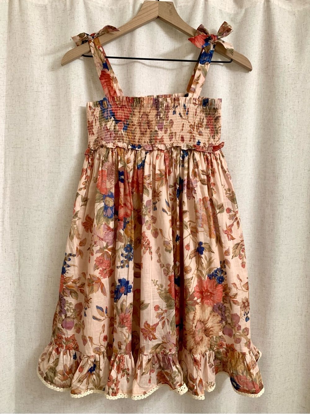 Zimmermann 100% Cotton Peach Floral Tie-Shoulder Sundress Blue Accents Girls